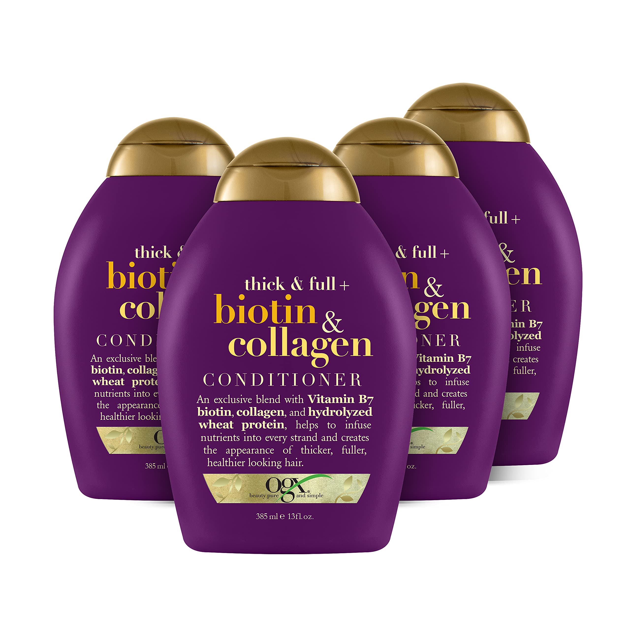 OGX Thick & Full + Biotin & Collagen Volumizing Conditioner for Thin Hair, with Vitamin B7 & Hydrolyzed Wheat Protein, Paraben-Free, Sulfate-Free Surfactants, 13 Ounce (Pack of 4)